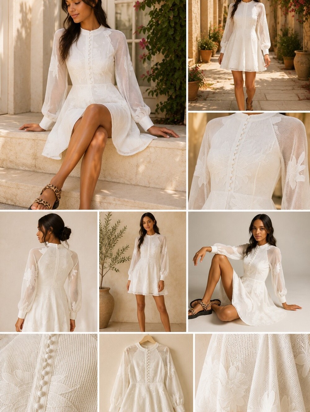 Mare Mare By Anthropologie White Floral Lace Mini Dress with Long Sleeves